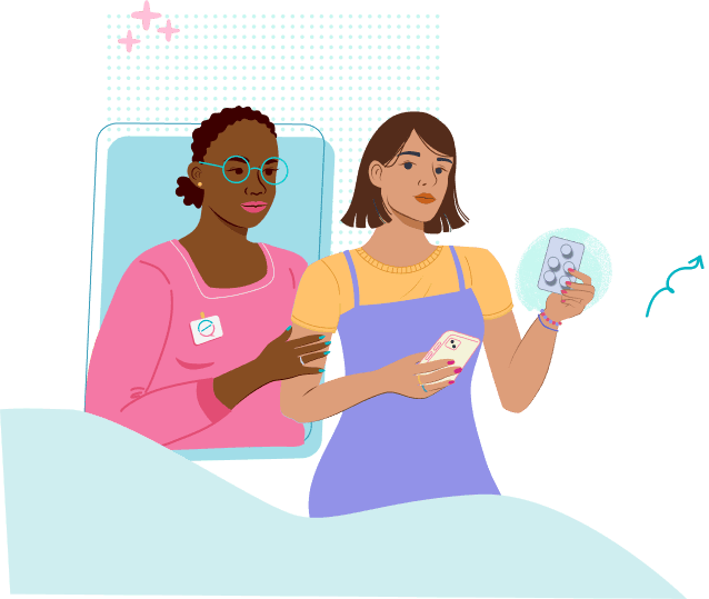 Illustration of a woman in a pink and yellow top holding a smartphone, with a safe2choose counselor in a pink sweater in the background.